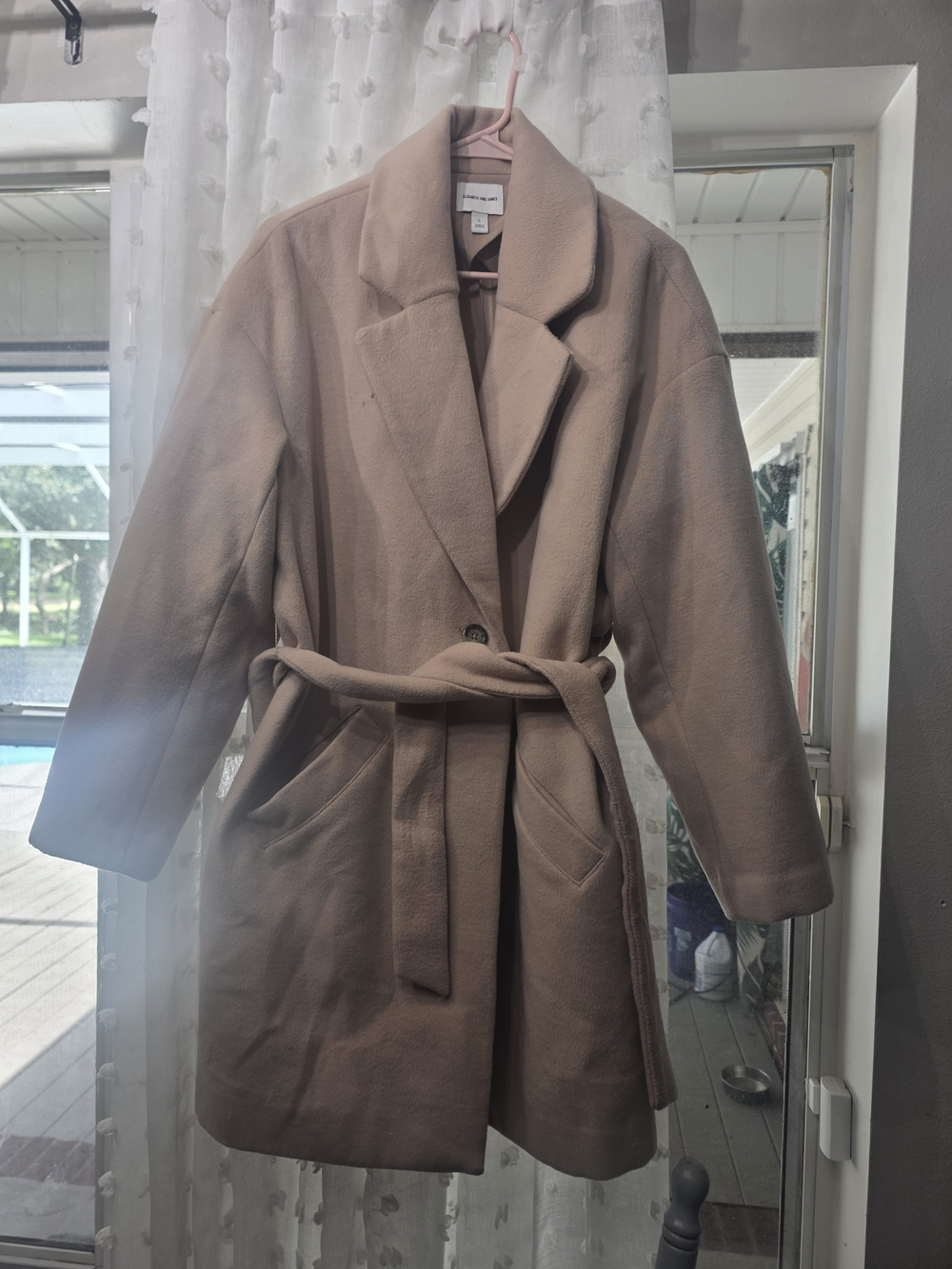 Elizabeth and James Taupe Belted Trench Coat Wool Feel